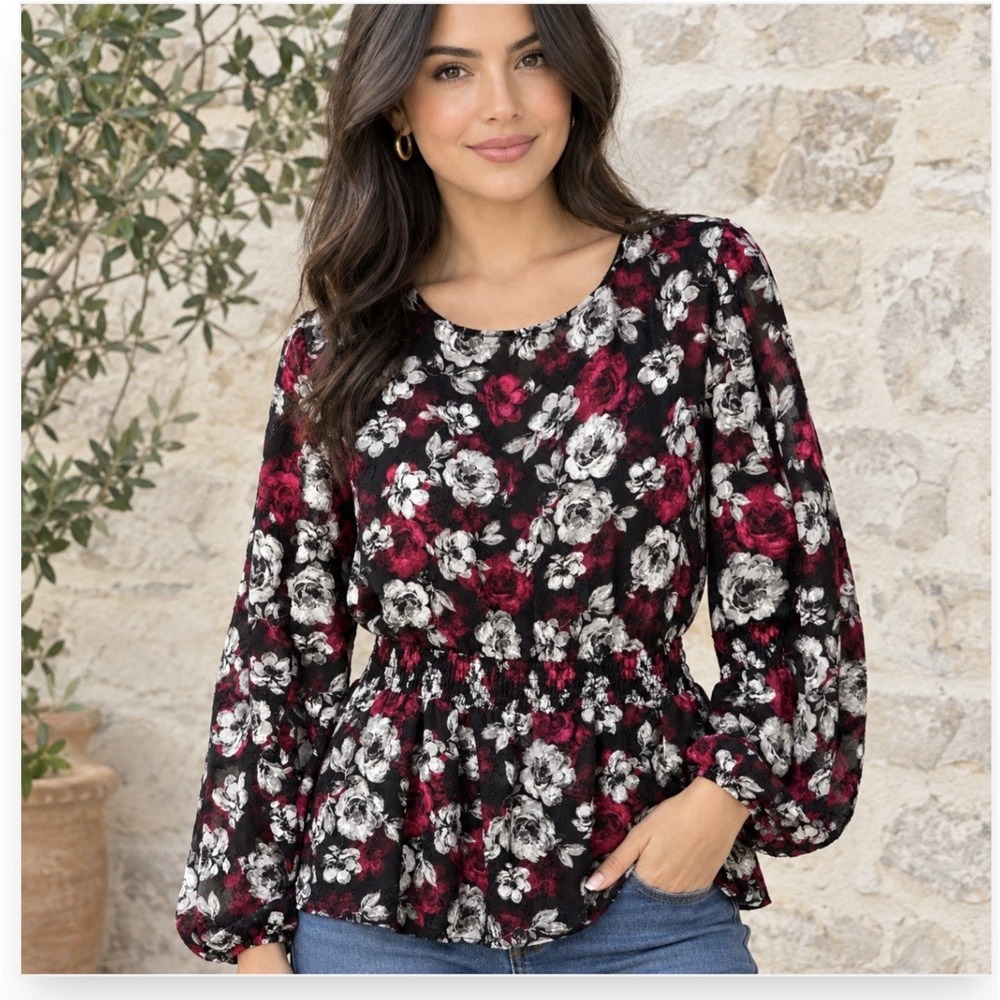 Torrid Black Red Floral Long Sleeve V-Neck Pullover Lined Peplum Blouse Size 0x